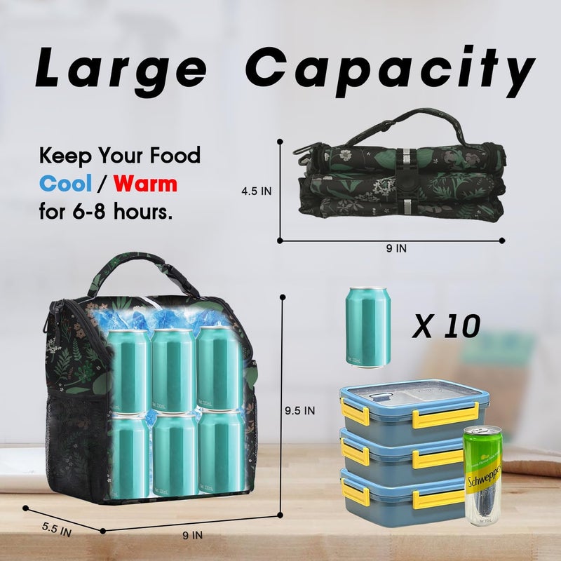 VLM Lunch Box for Women, Insulated Lunch Bag Women with Adjustable Shoulder Strap, Cute Lunch Tote Bag for Work,Picnic,Camping (Green Floral, Small) - Image 2